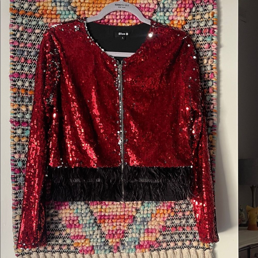 Red Sequin Jacket with Black  Feather Trim cropped.